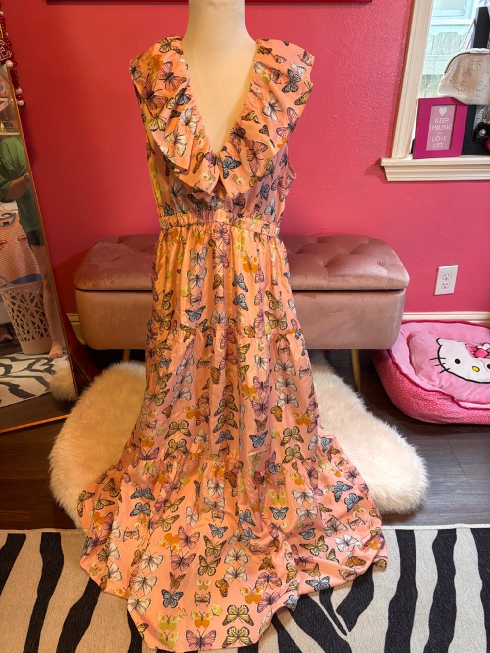 Buddy Love Pink Butterfly Ruffle Maxi Dress
